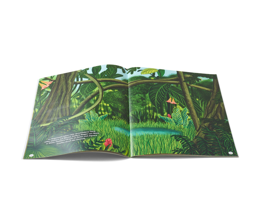 Aufgeschlagenes Stickerbuch »Faszierende Stickerwelt – wilde Tiere« mit einer Dschungelillustration.