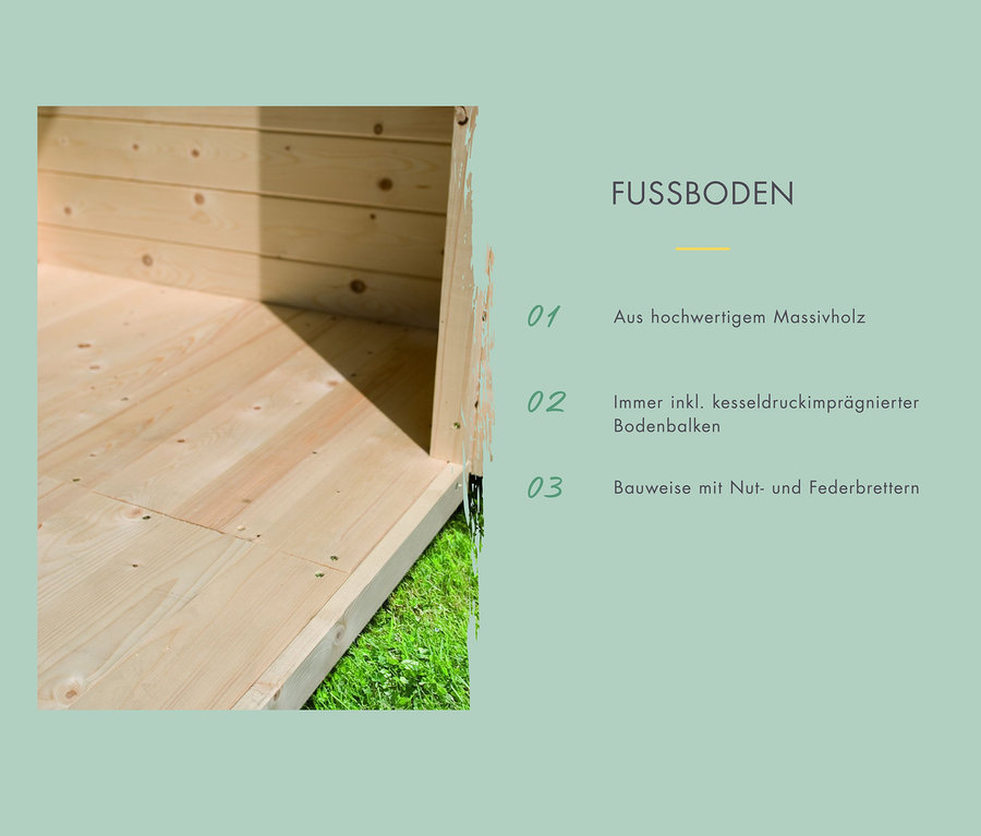 Innenansicht des Karibu Gartenhauses »Modern 1« mit Massivholzboden.