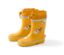 Gelbe Gummistiefel mit Hundemuster.