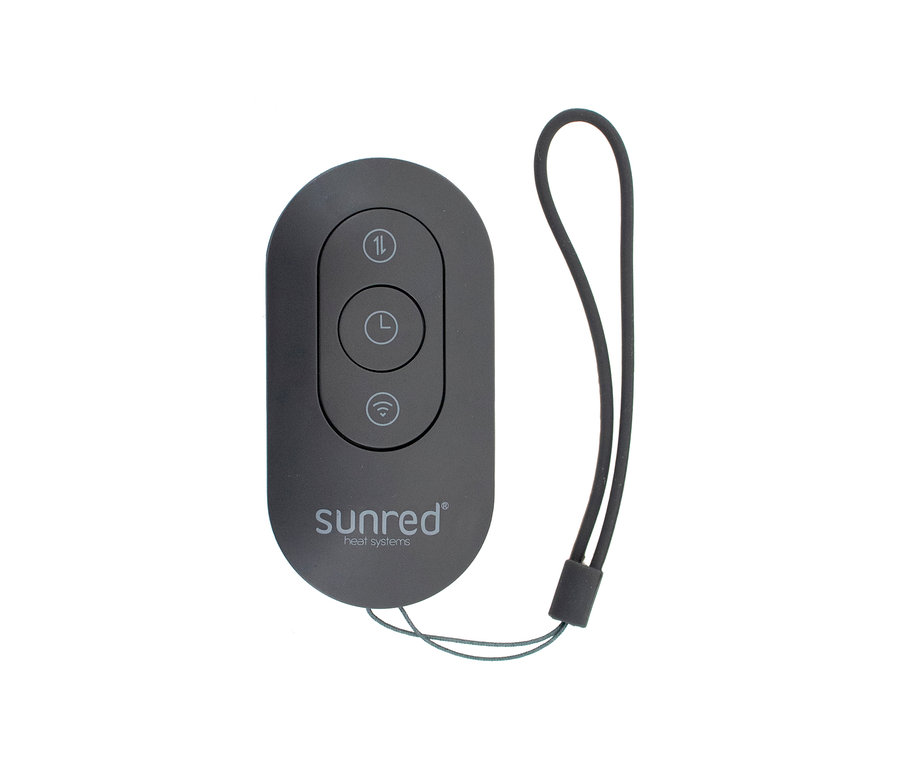 Schwarze Fernbedienung für Sunred® Smarter Hänge-Heizstrahler Artix Moderna Ultra Hanging Black 2.000 mit drei Tasten und Schlaufe.