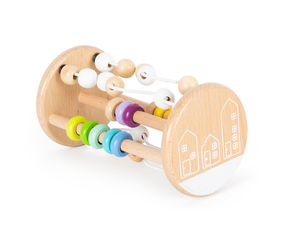 Ein hölzernes Motorikspielzeug »Regenbogen« von small foot mit bunten Perlen und Bahnen.