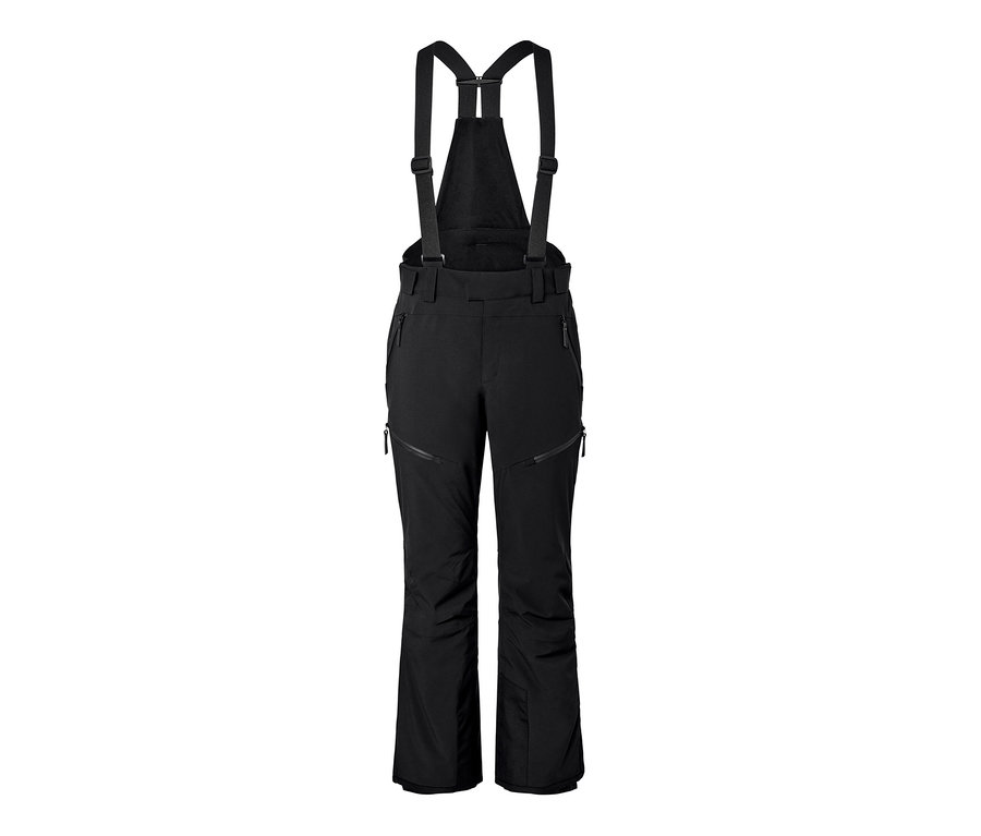 Schwarze High-Tech-Skihose mit Latz und Reißverschlüssen.