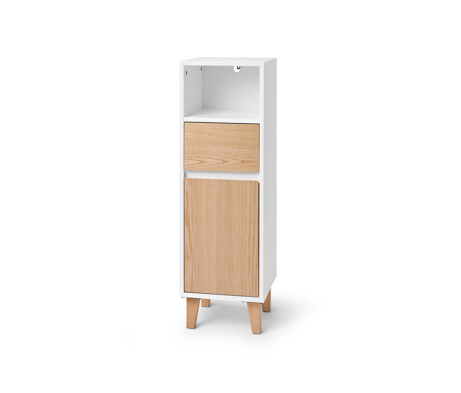 Schmaler Bad-Beistellschrank mit Schublade und Tür.
