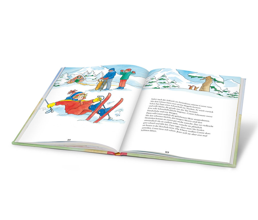 Illustration aus dem Buch »Durch das Jahr mit Conni« zeigt eine Szene beim Skifahren.