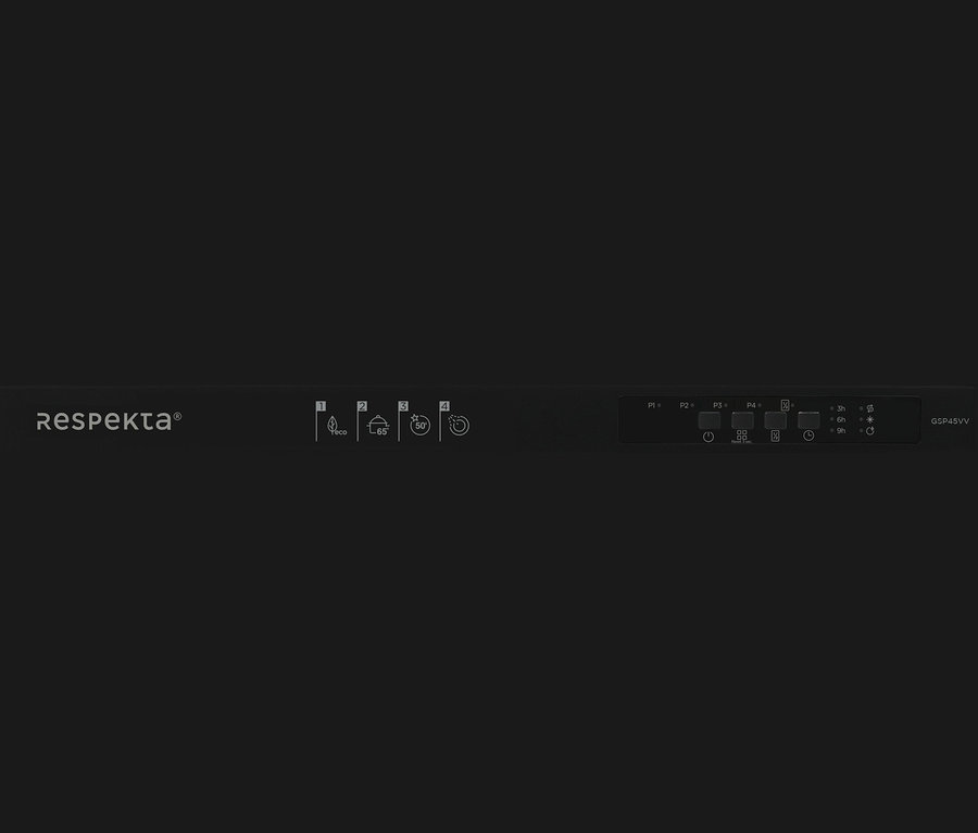 Bedienfeld des vollintegrierbaren Respekta Geschirrspülers »GSP45VV« mit Tasten und Programmsymbolen.