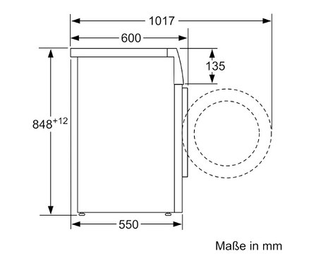Weißes Schema der Bosch Waschmaschine WAN281KA3 mit Maßangaben in Millimetern.