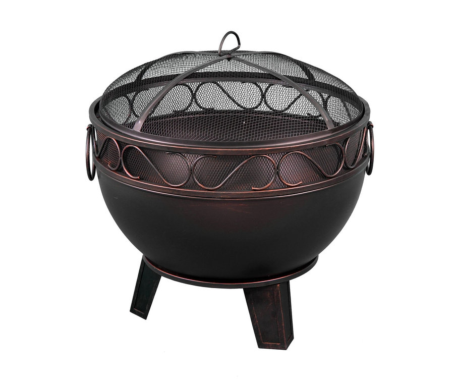 Metallene Buschbeck Feuerschale mit Funkenschutzhaube und Feuerrost.