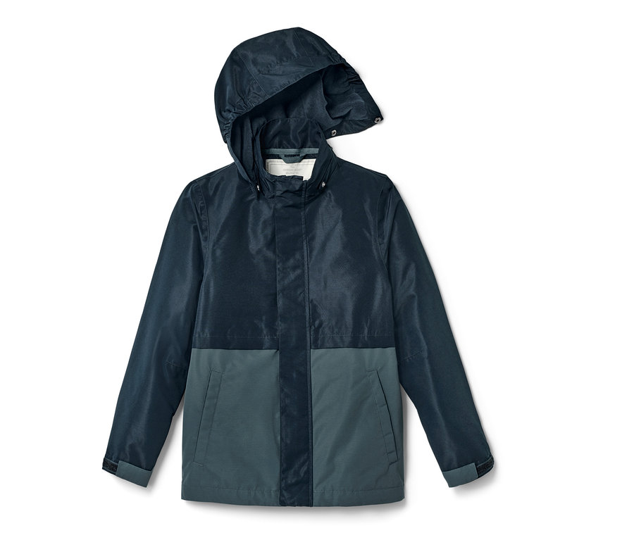 Dunkelblaue Kinder-Allwetterjacke mit Kapuze.
