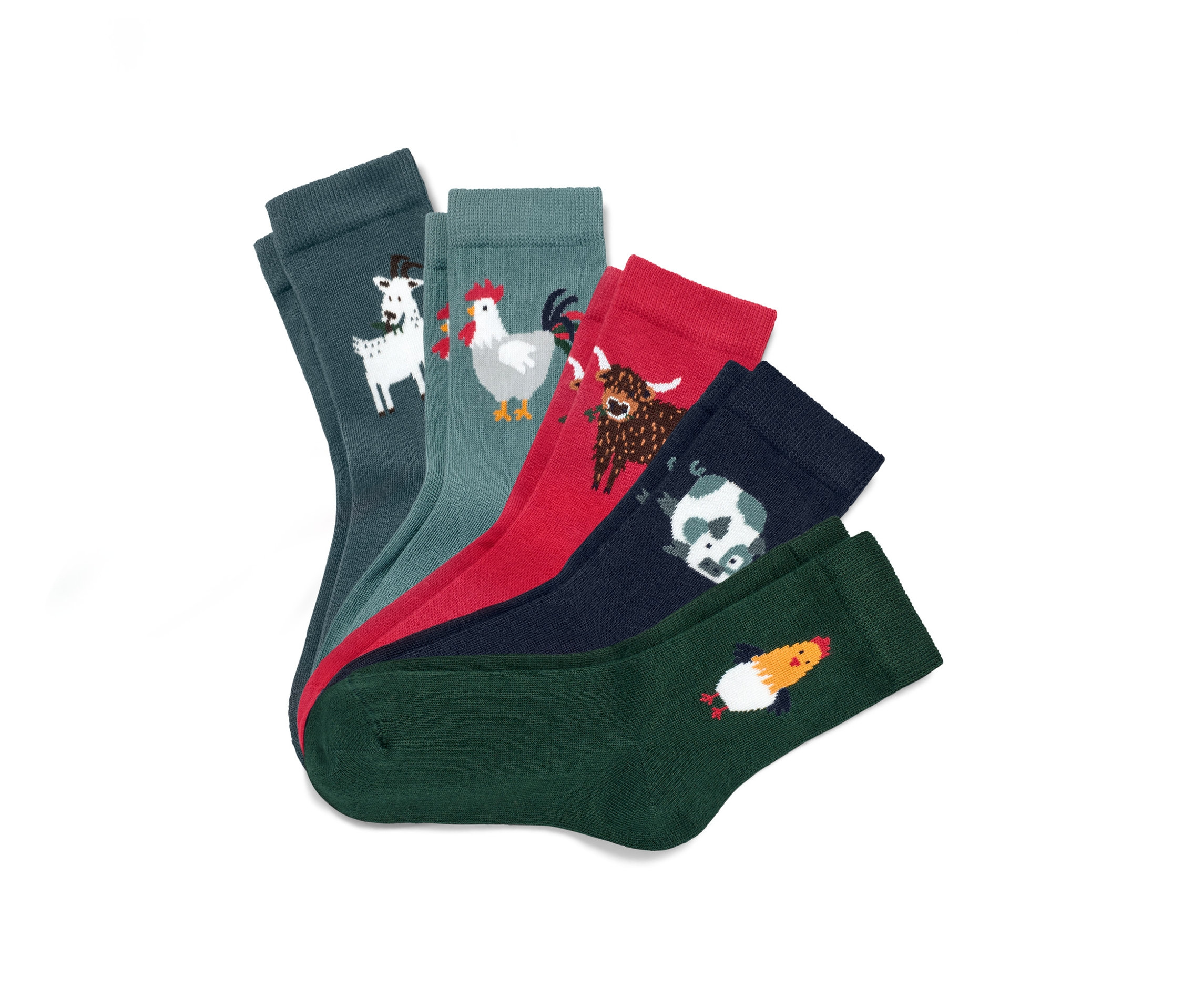 Fünf Paar Kinder-Socken mit Tiermotiven.