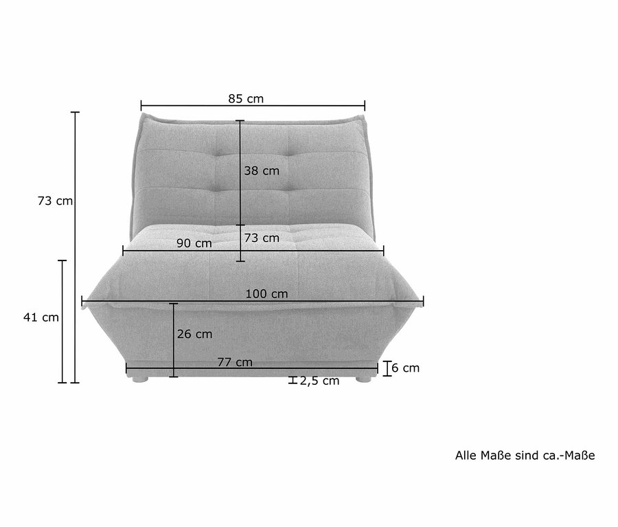 Maße des grauen DOMO collection Loungesessels »Lugo« werden durch Linien und Text dargestellt.