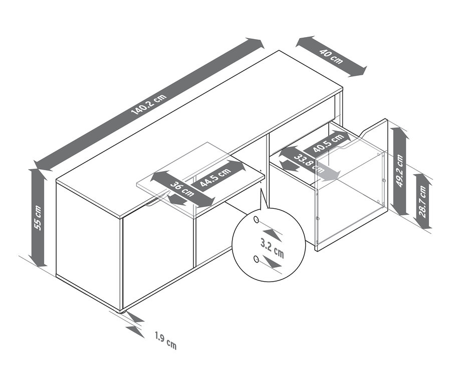 Sideboard mit Schubladen und Abmessungen.