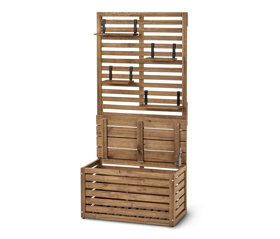 Balkonsichtschutzbank »Lenja« mit Stauraumtruhe aus braunem Holz, geöffneter Stauraum und kleinen Regalen.