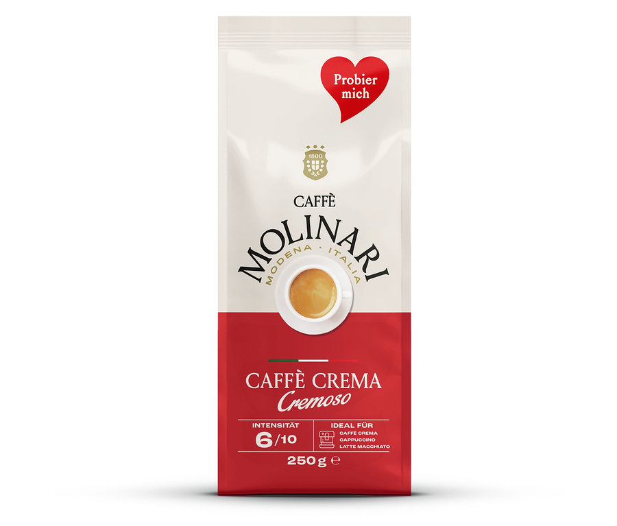 Eine 250g Packung Caffè Molinari Caffè Crema Cremoso.