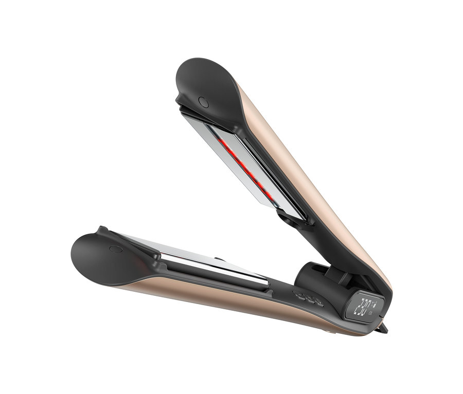 Nahaufnahme eines geöffneten Silk'n Infrarot Glätteisens »SilkyStraight« in Beige und Schwarz.