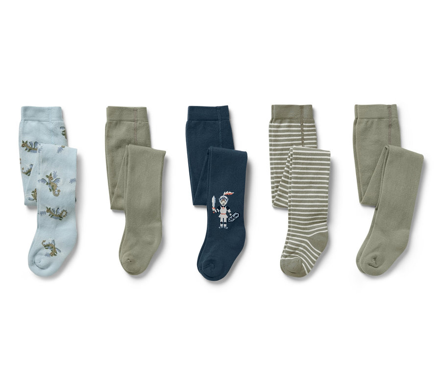 Fünf Kinder-Strumpfhosen mit verschiedenen Mustern: Drachen, einfarbig, Ritter und Streifen.