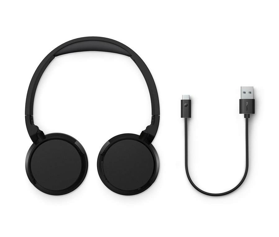 Schwarze Philips Bluetooth®-Kopfhörer H3209 und Ladekabel auf weißem Hintergrund.