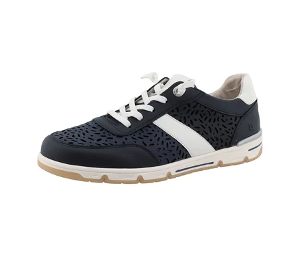 Marineblauer Romika Sneaker aus PU mit weißen Schnürsenkeln und weißem Seitenstreifen.