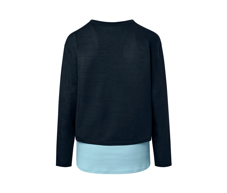 Marineblaues 2-in-1-Langarm-Sportshirt mit hellblauem Unterteil.