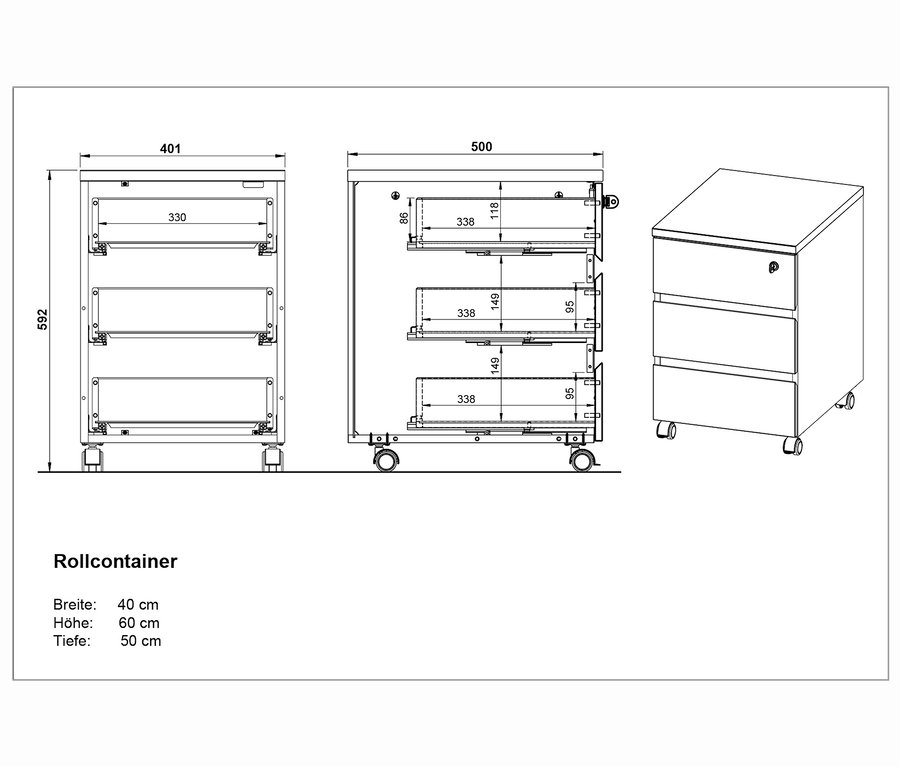 Technische Zeichnung eines Rollcontainers "Lissabon" mit verschiedenen Ansichten und Maßen.