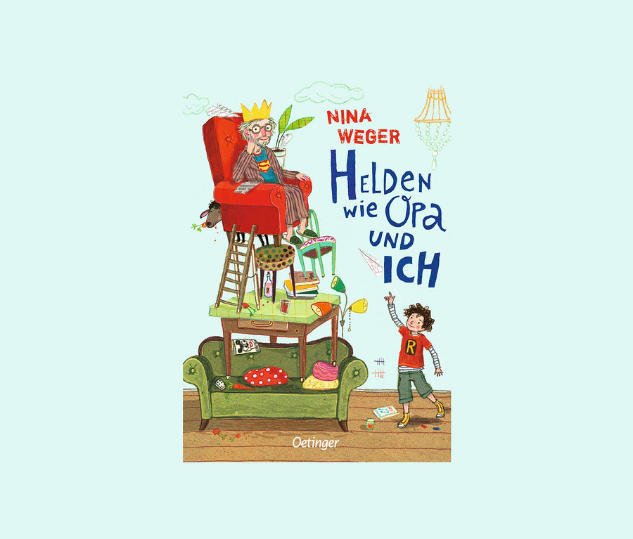 Illustration des Buchcovers mit einem alten Mann mit Krone in einem roten Sessel und einem Jungen, der ein Papierflugzeug steigen lässt.