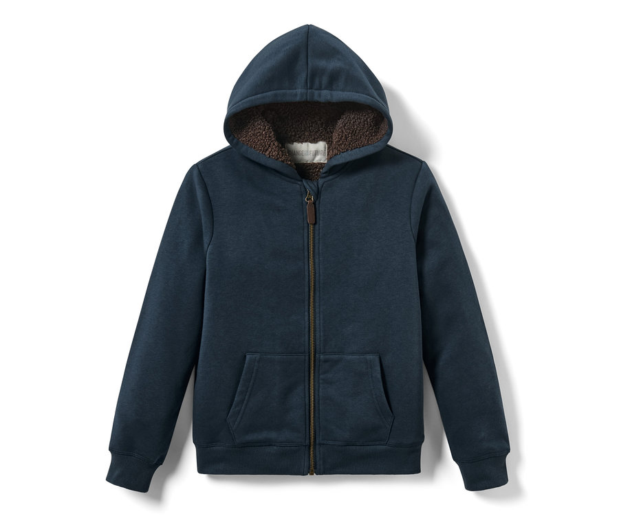 Marineblaue Kinder-Sweat-Jacke mit Kapuze und braunem Fellfutter.