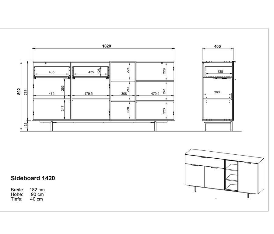 Technische Zeichnung eines Sideboards aus Glas mit Maßangaben.