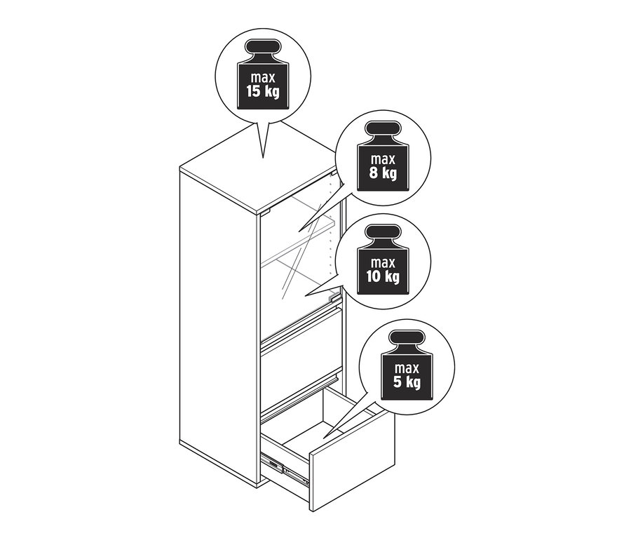 Zeichnung eines Sideboards, Bad mit offener Schublade und maximaler Traglast.