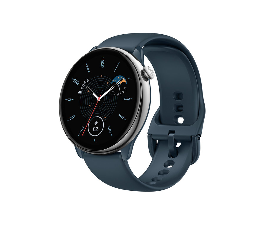 Nahaufnahme der blauen Amazfit GTR Mini Smartwatch.
