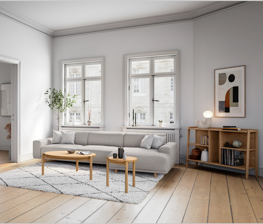 Wohnzimmer mit hellgrauem Sofa »Penelope«, Sideboard, Kommode und LED-Design-Tischleuchte.