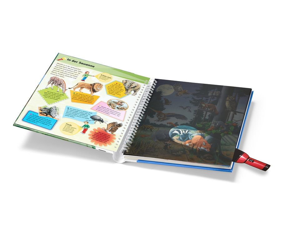 Offenes Buch »Mein Taschenlampenbuch – wilde Tiere« mit Tierillustrationen und roter Taschenlampe, die auf eine Seite gerichtet ist.