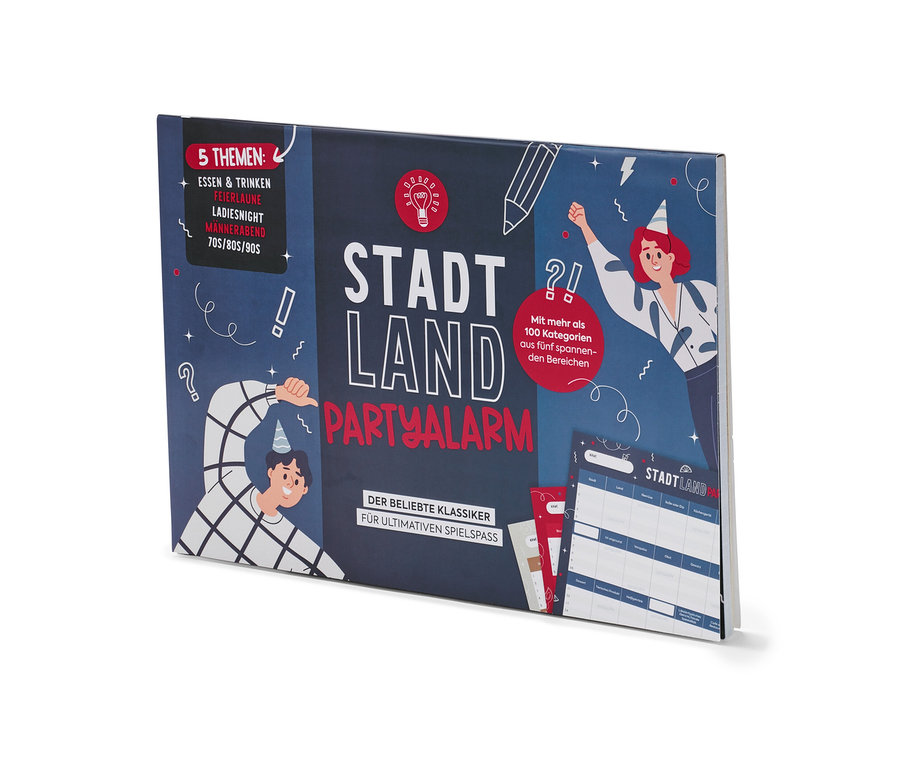 Abgebildet ist ein Spielblock "Stadt, Land, Partyalarm".