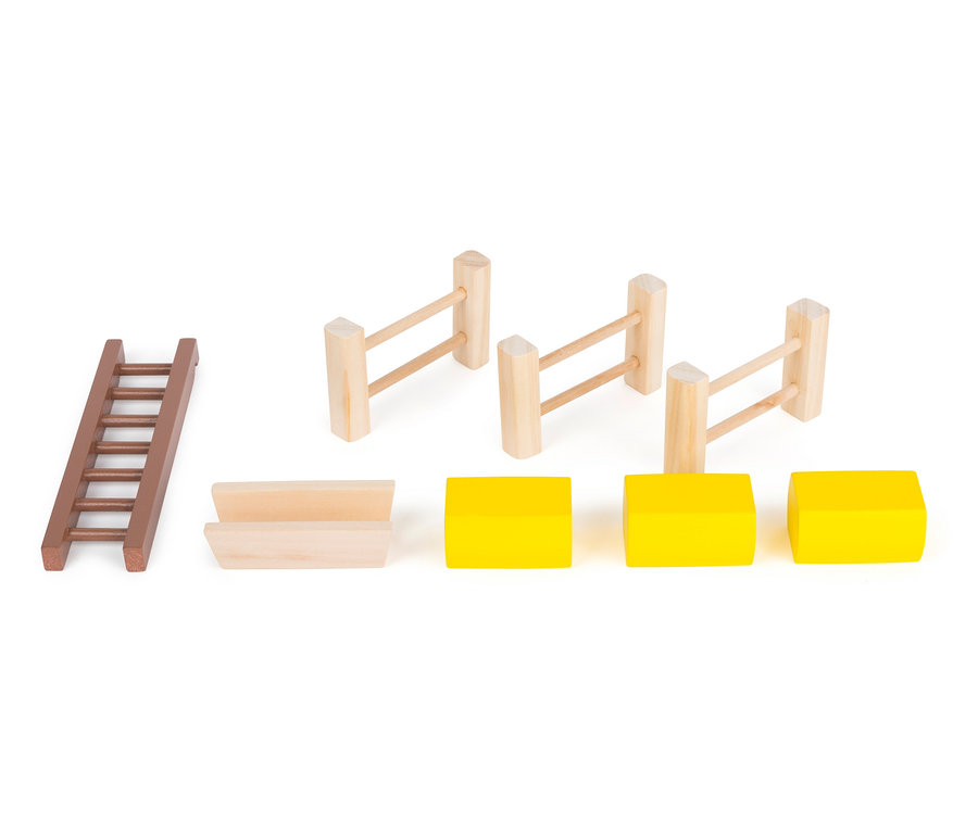 Holzleiter, Zaun und gelbe Würfel.