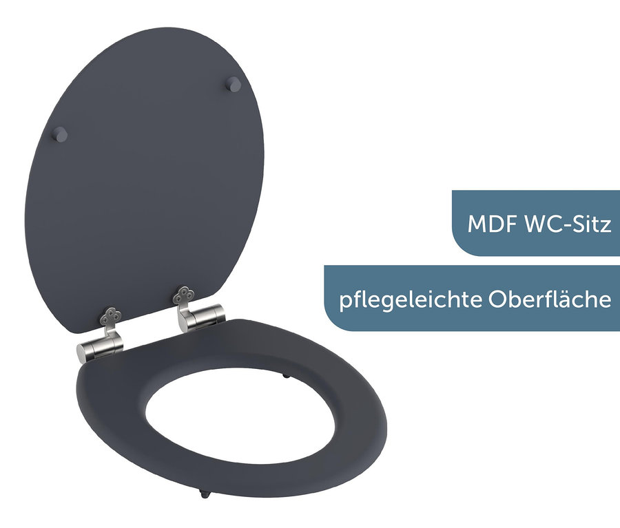 Geöffneter grauer MDF WC-Sitz Spirit mit Chromscharnieren.