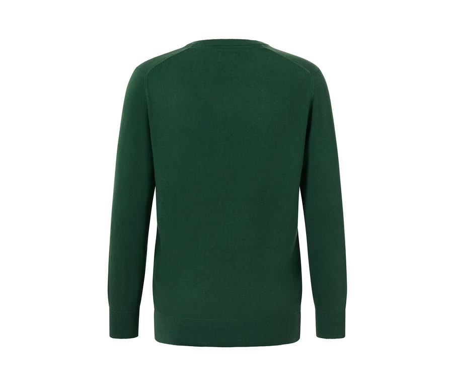 Dunkelgrüner Pullover mit V-Ausschnitt von hinten.