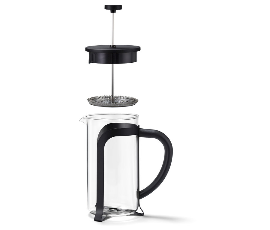 Eine zerlegte schwarze Siebstempelkanne 800 ml für 6 Tassen.