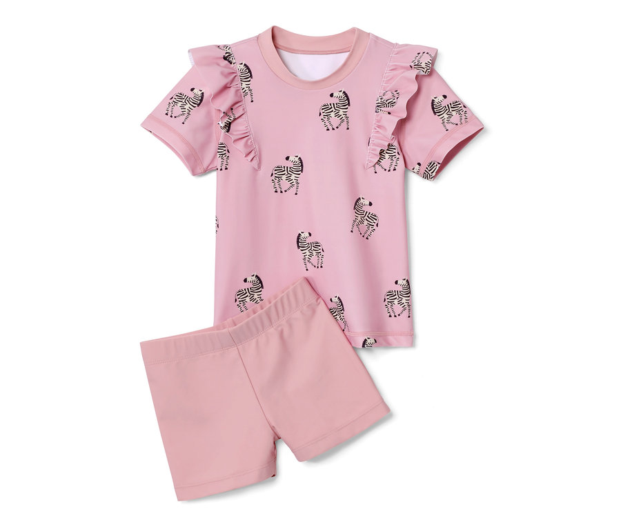 Rosa Kleinkind-Kombi mit UV-Schutz 80 mit Zebras besteht aus einem kurzärmeligen Shirt und Shorts.