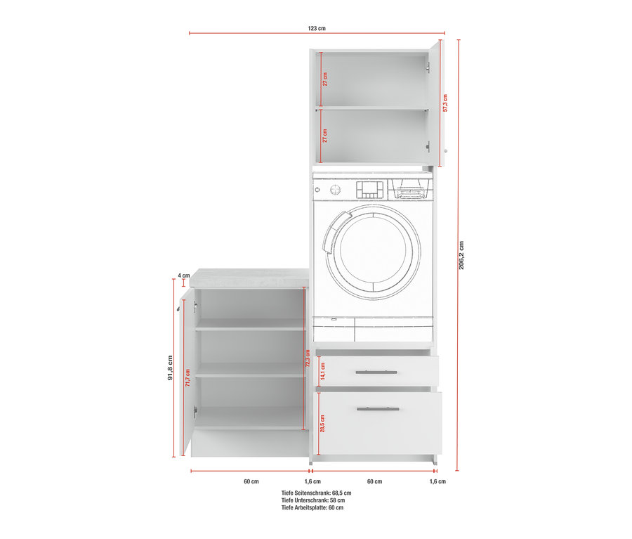 Skizze einer Waschmaschine, die zwischen Schränken platziert ist. Waschmaschinenschrank mit Unterschrank, rechts, kieselgrau