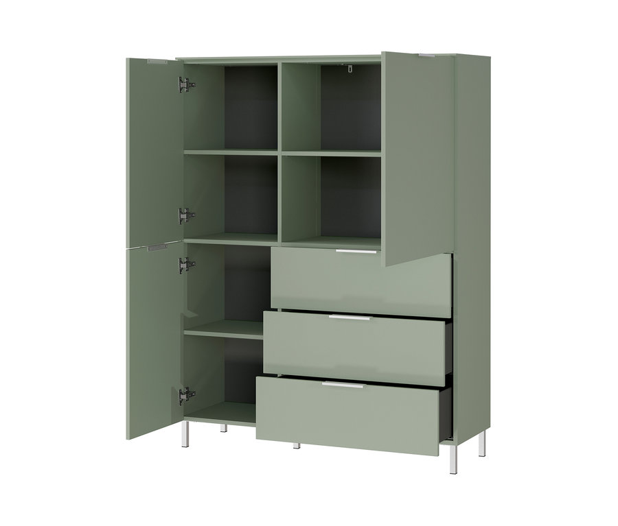 Ein grünes Highboard »Kenora« mit offenen Türen und Schubladen.