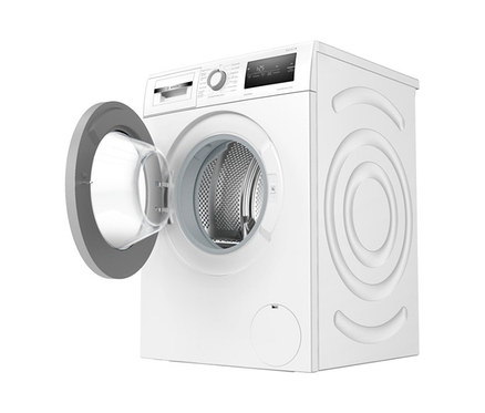 Geöffnete weiße Bosch Waschmaschine »WAN281KA3 Frontlader«.