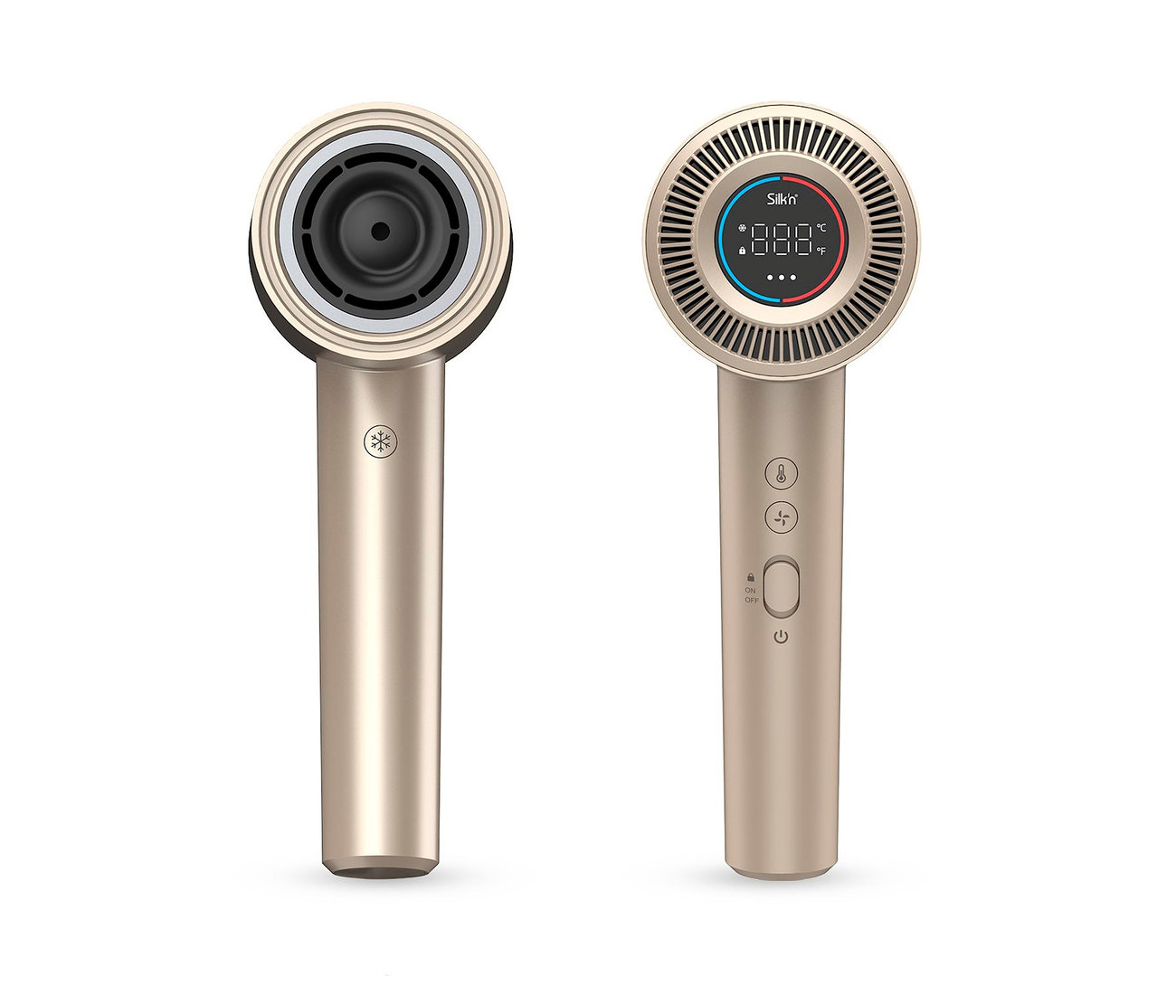 Zwei goldene Silk'n SilkyAir Pro Haartrockner stehen auf einem weißen Hintergrund.