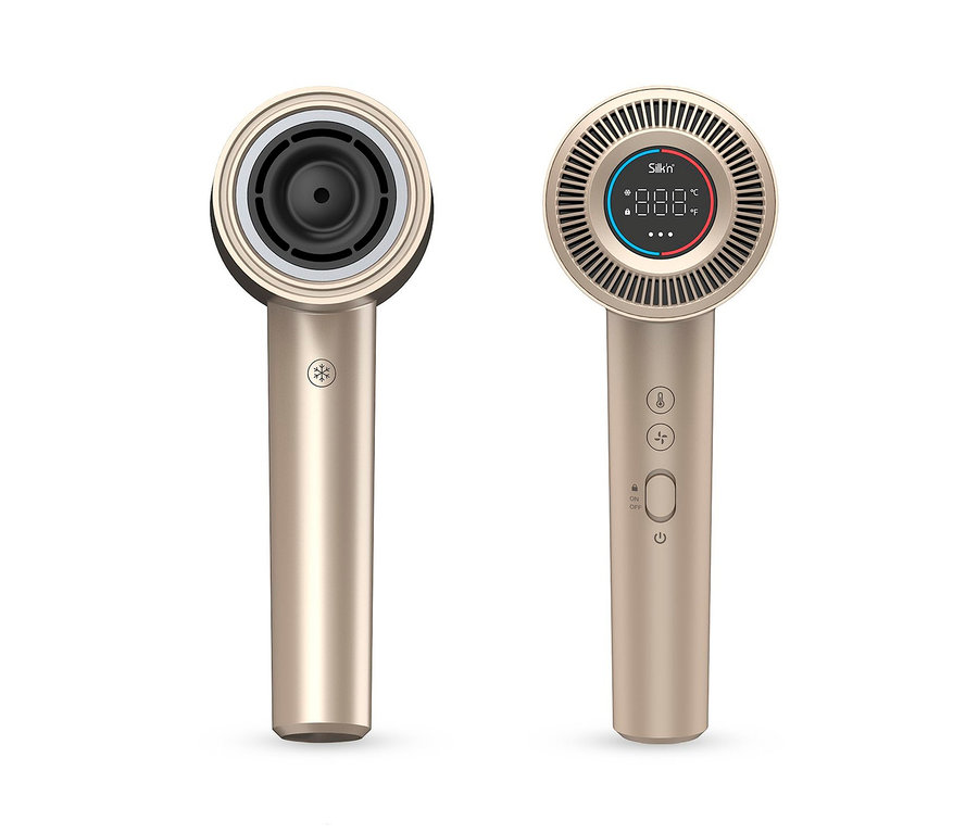 Zwei goldene Silk'n SilkyAir Pro Haartrockner stehen auf einem weißen Hintergrund.