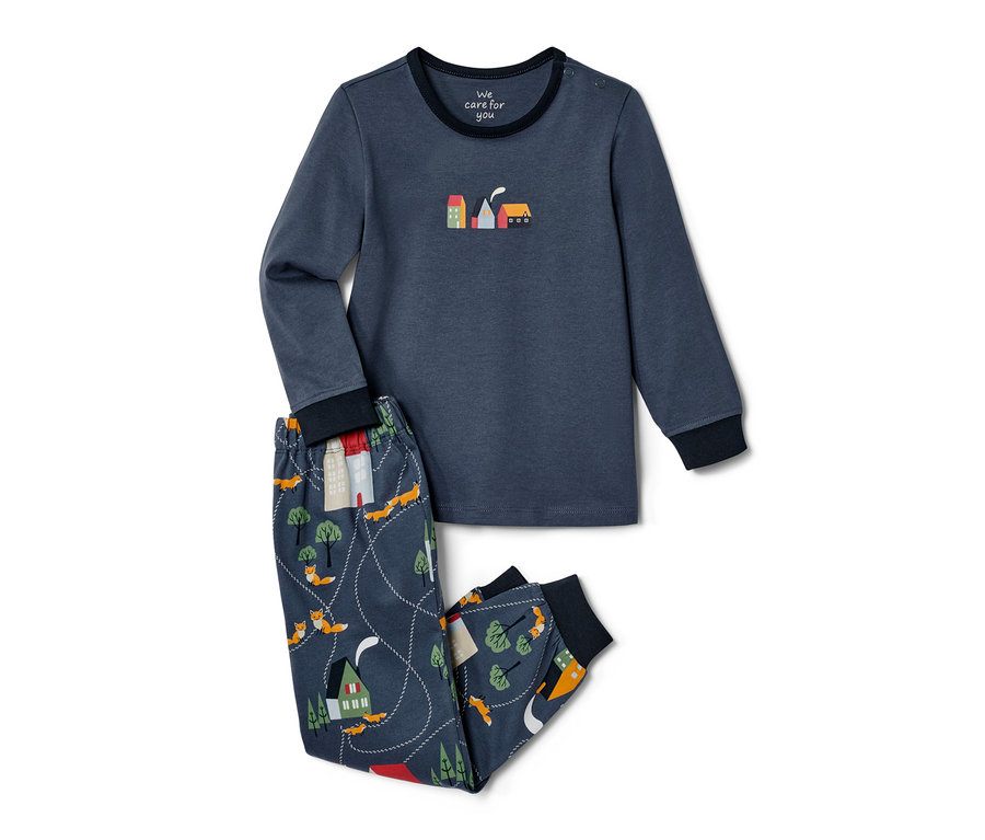 Blauer 2 Kleinkind-Pyjamas mit Häusern und Füchsen.