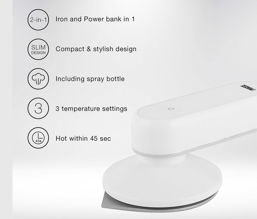 Detailansicht eines weißen Princess-Reisebügeleisens mit Powerbank.