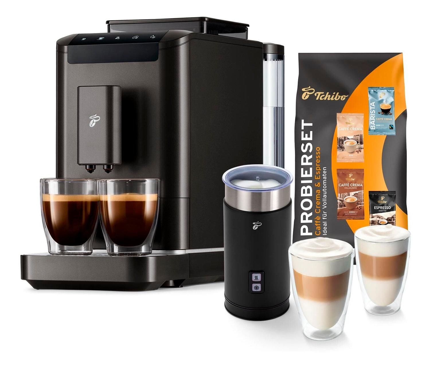 Ein schwarzes Esperto2 Caffè Starter-Set mit einem Milchaufschäumer und zwei Gläsern Kaffee.