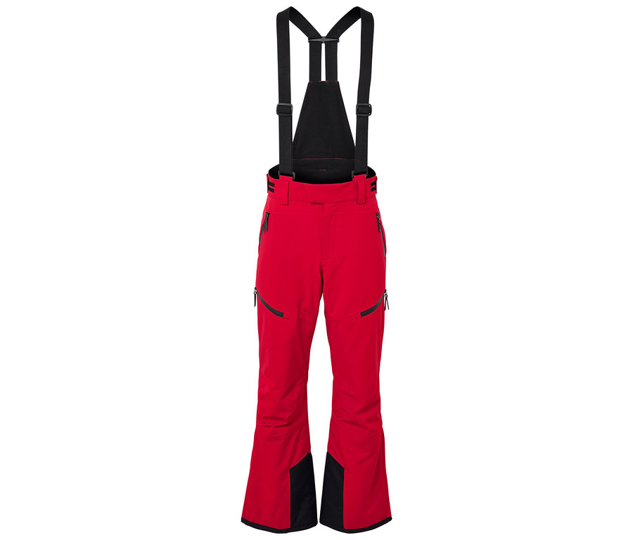 Rote Skihose mit schwarzen Details und schwarzen Hosenträgern.