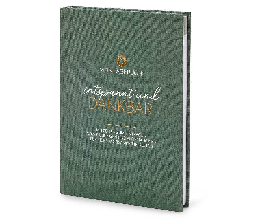 Ein grünes Tagebuch mit dem Titel "Mein Tagebuch: entspannt und DANKBAR".