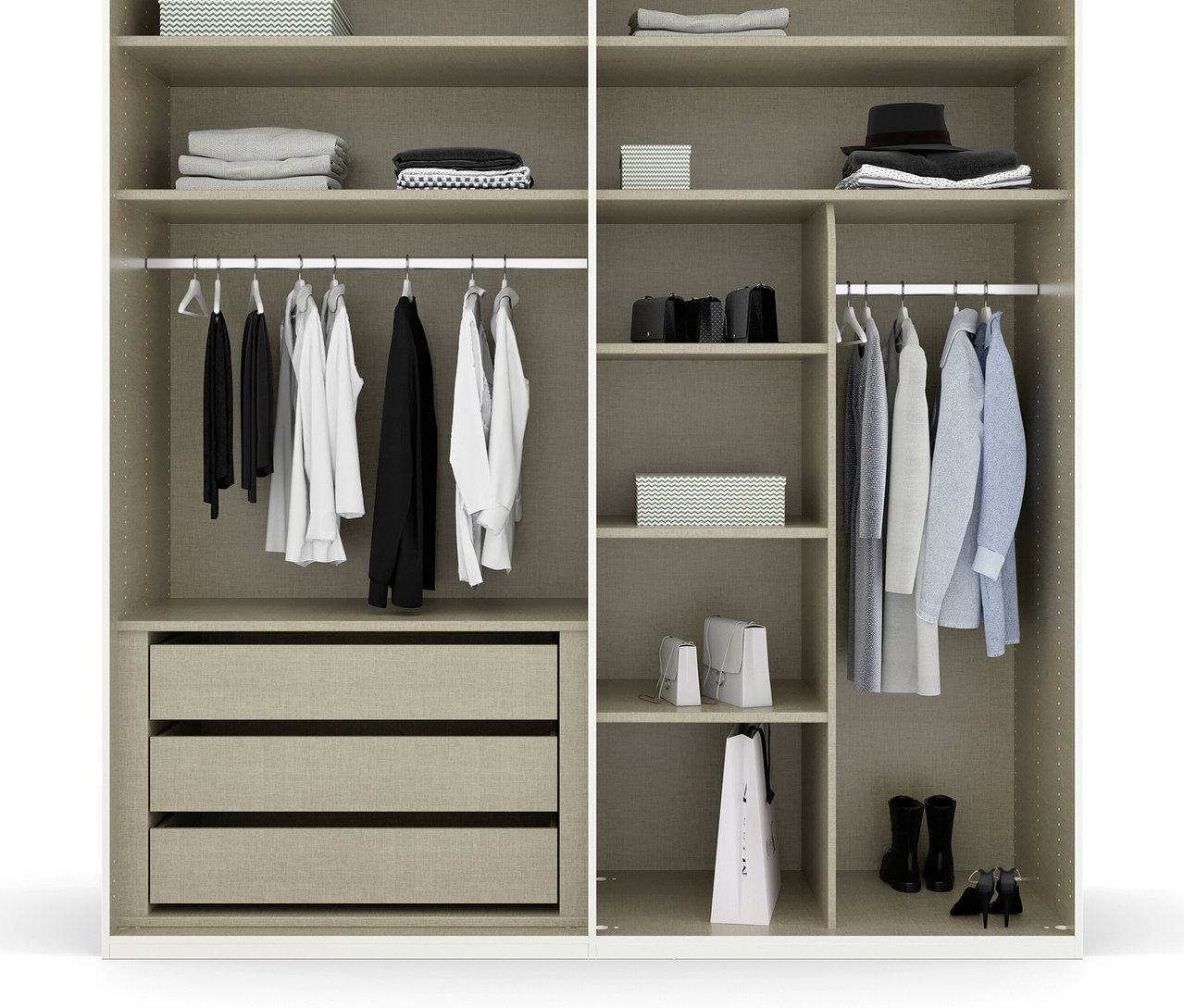 Innenansicht des 4-türigen Kleiderschranks »Purisma« mit Regalen, Schubladen und Kleiderstange.