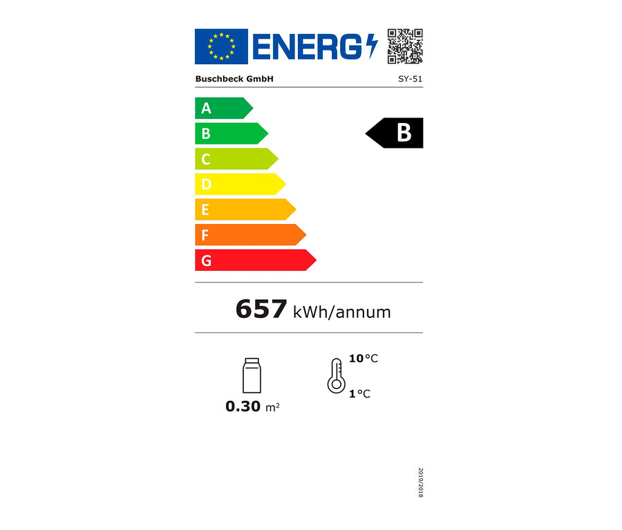 Energieetikett von Buschbeck GmbH mit der Klasse B, einem Verbrauch von 657 kWh/annum und einem Temperaturbereich von 1-10 °C.
