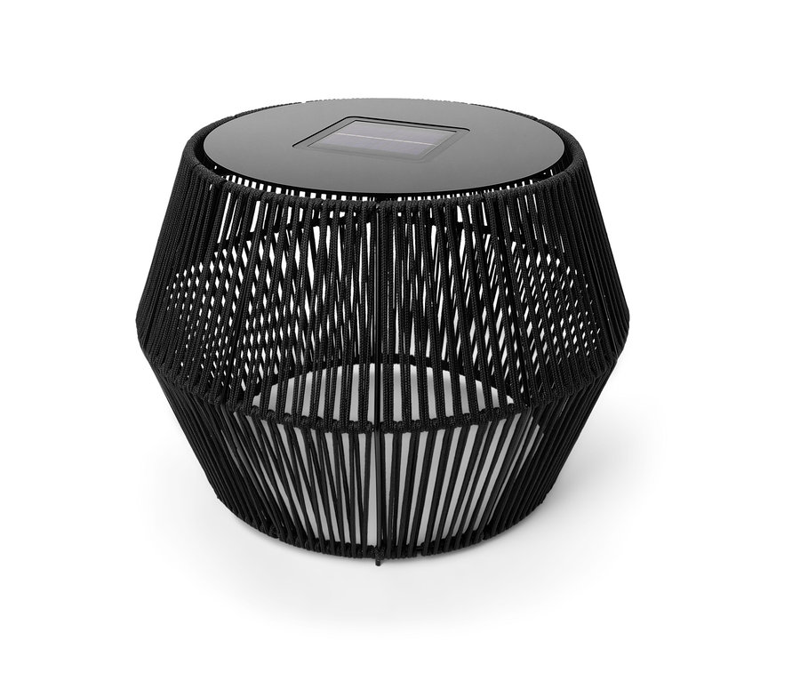 Schwarzer Solar-Beistelltisch mit Textilband.