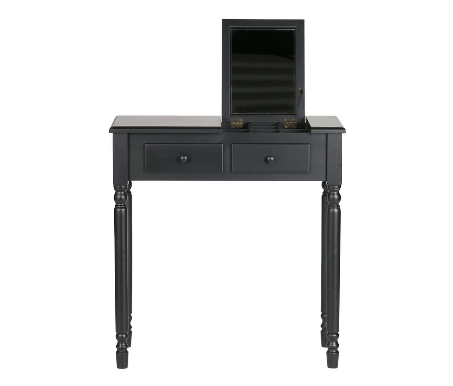 Schwarzer Woood »Romy« Frisiertisch aus Kiefernholz mit ausklappbarem Spiegel und zwei Schubladen.